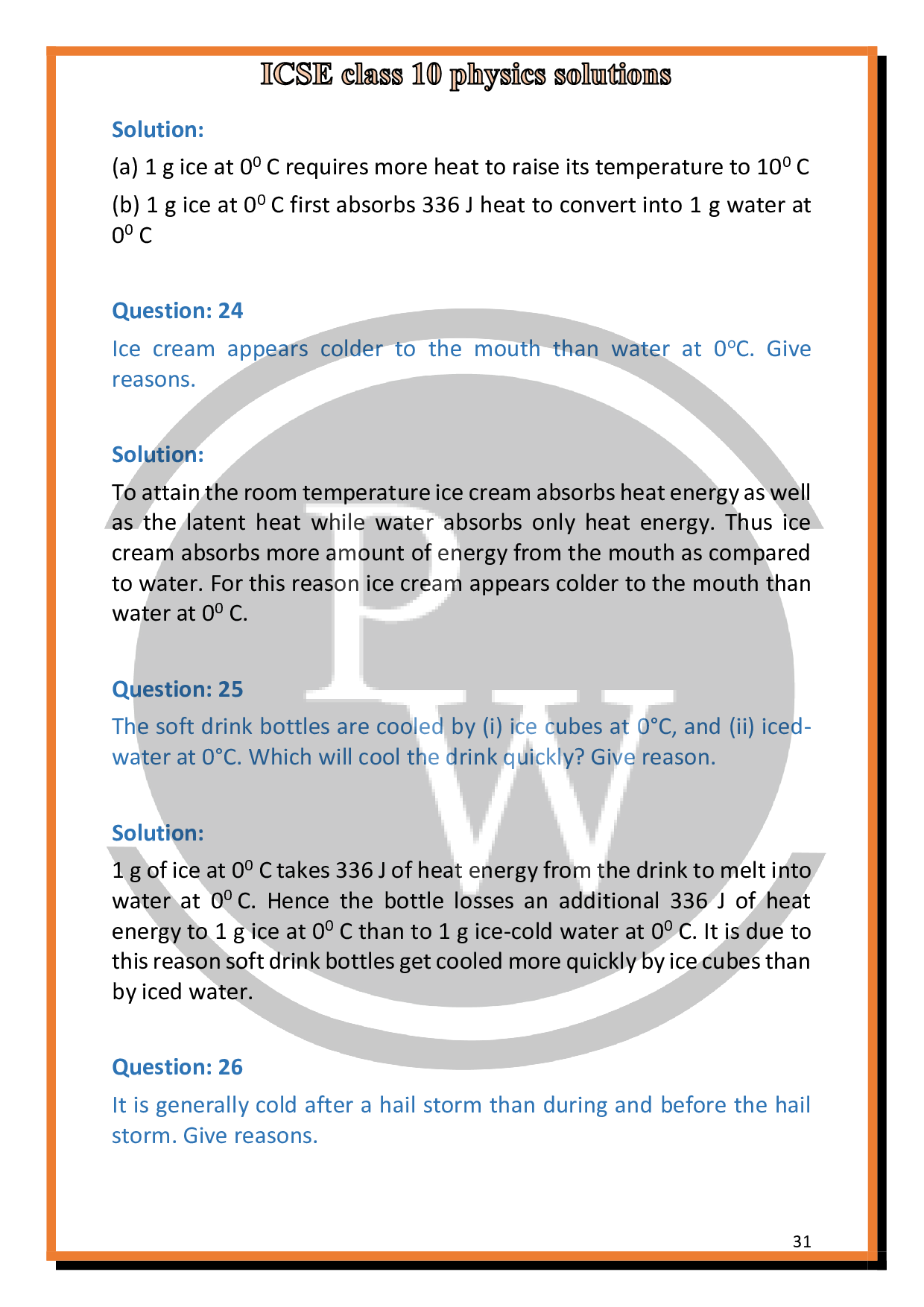 Solutions of Chapter11 Calorimetry of ICSE Class 10 Physics PW