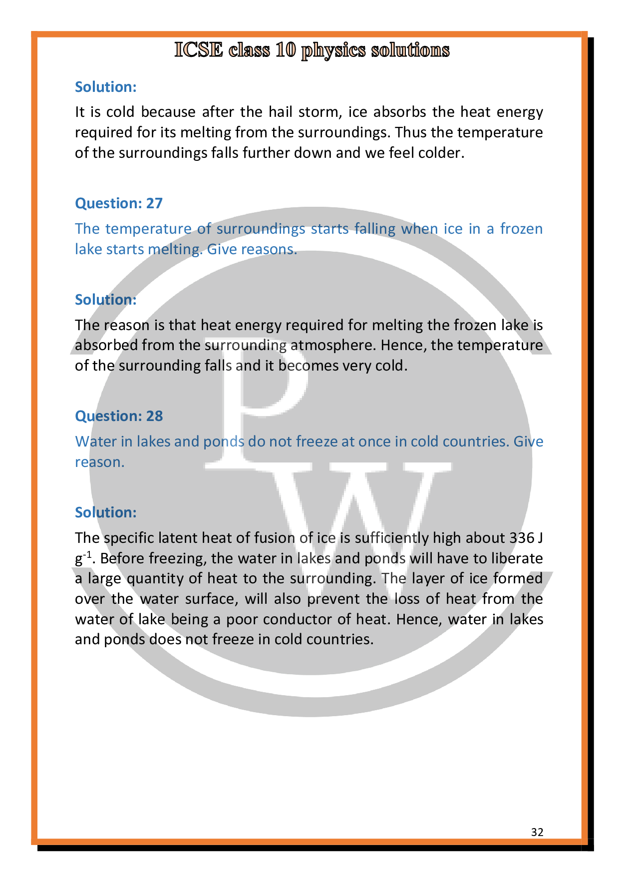Solutions of Chapter11 Calorimetry of ICSE Class 10 Physics PW