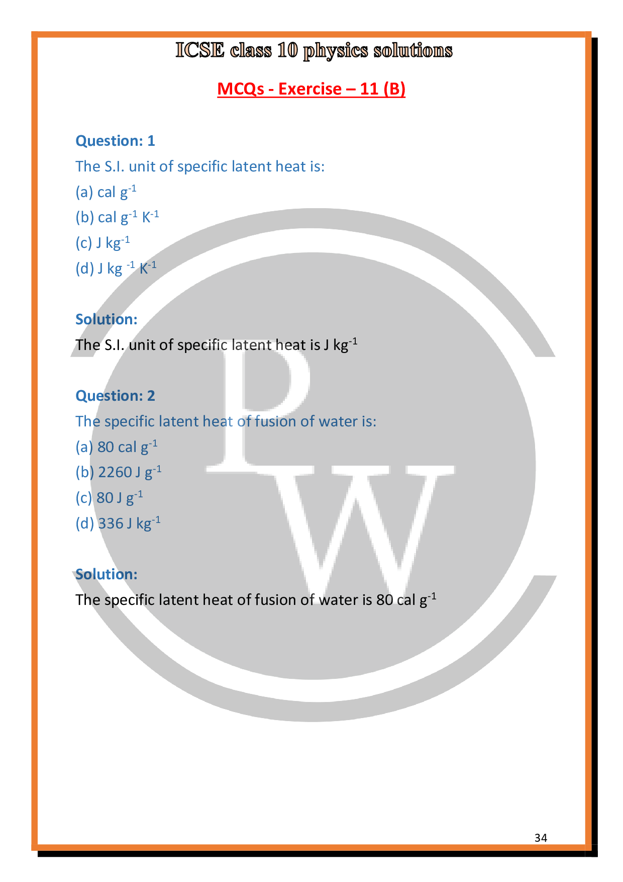 Solutions of Chapter11 Calorimetry of ICSE Class 10 Physics PW
