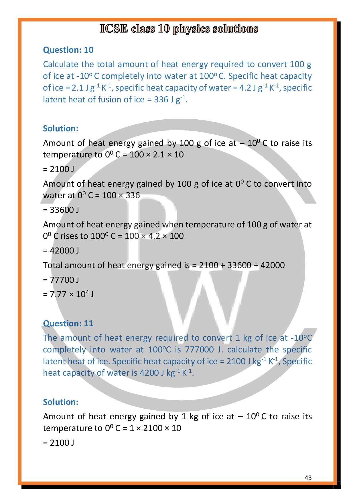 Solutions of Chapter11 Calorimetry of ICSE Class 10 Physics PW
