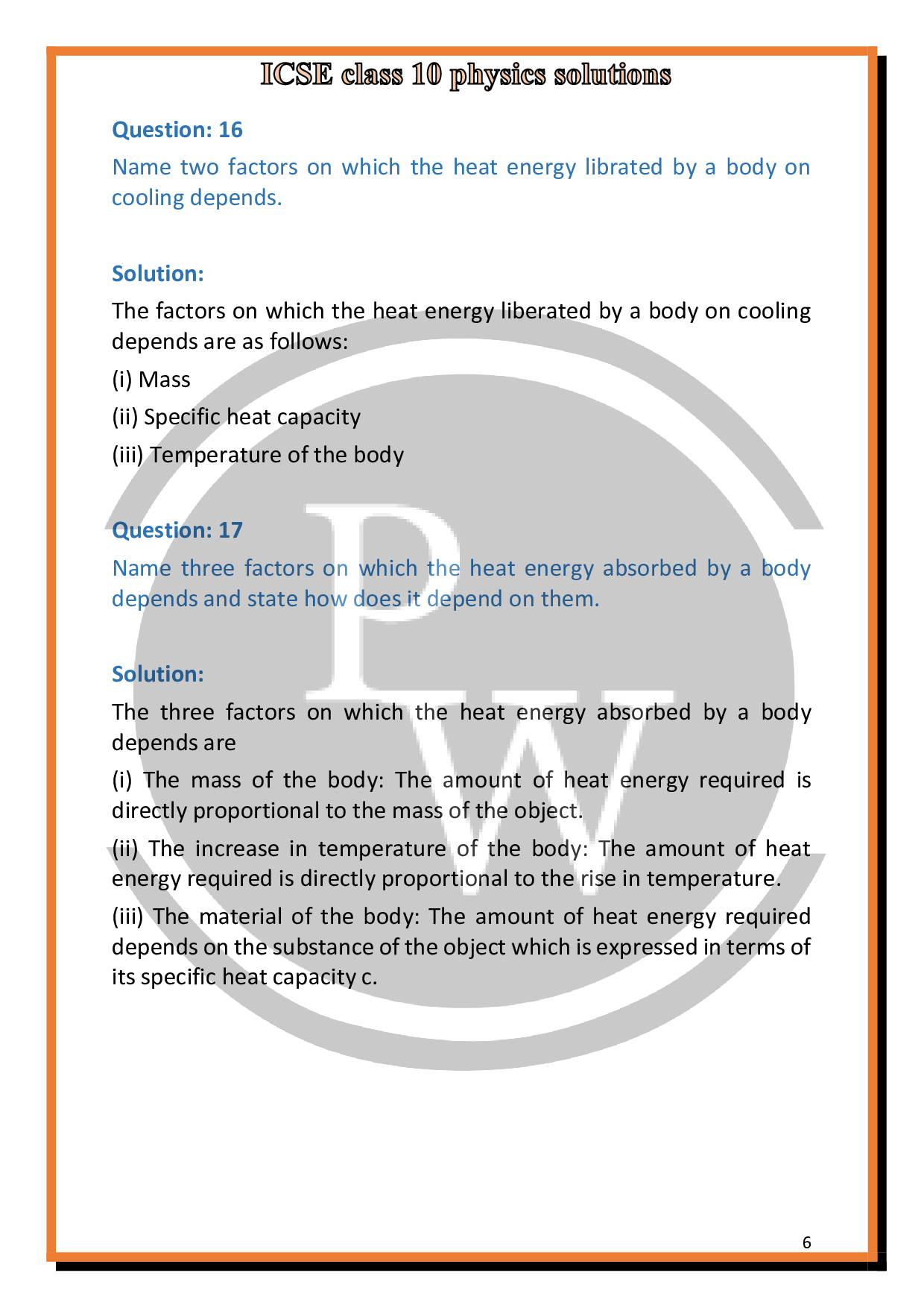 Solutions of Chapter11 Calorimetry of ICSE Class 10 Physics PW
