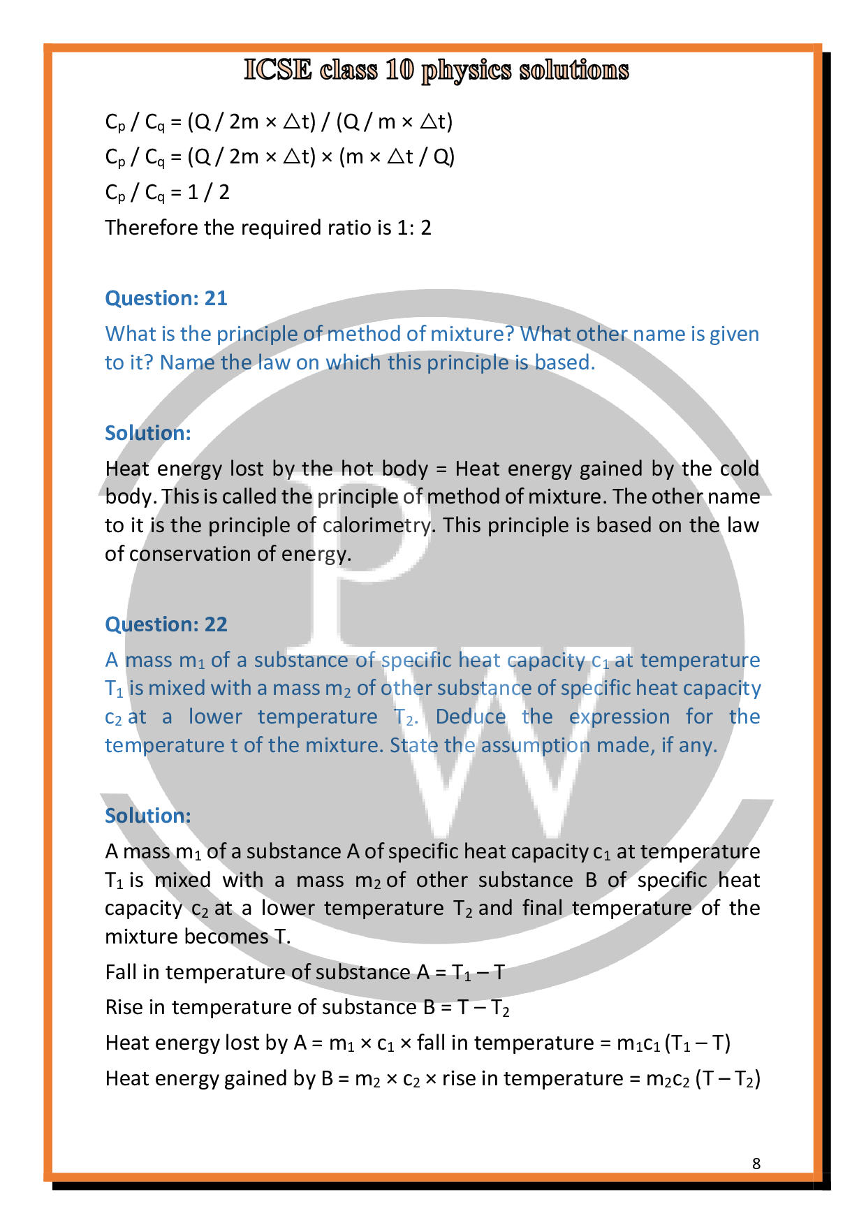 Solutions of Chapter11 Calorimetry of ICSE Class 10 Physics PW
