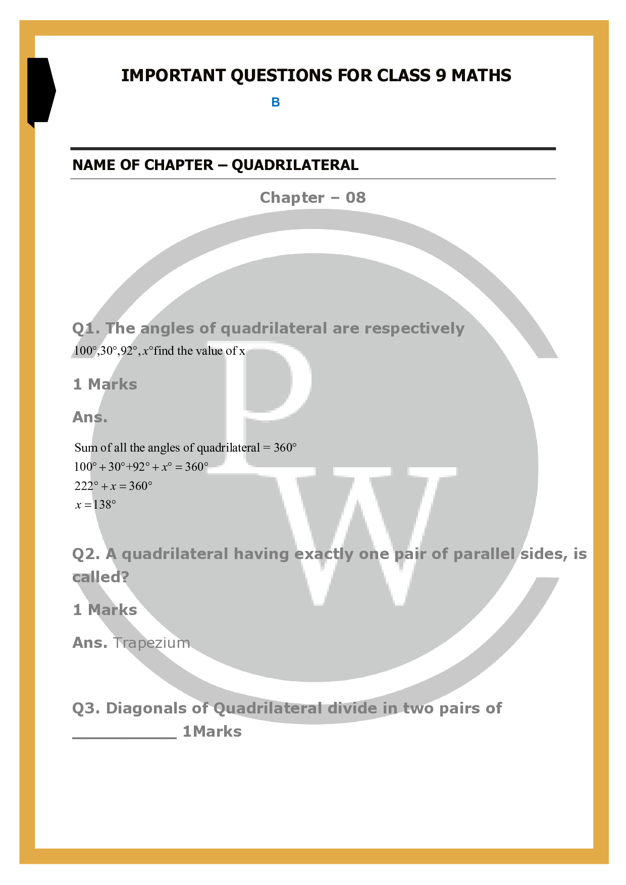 CBSE Important Questions for class 9 maths chapter8 Quadrilaterals