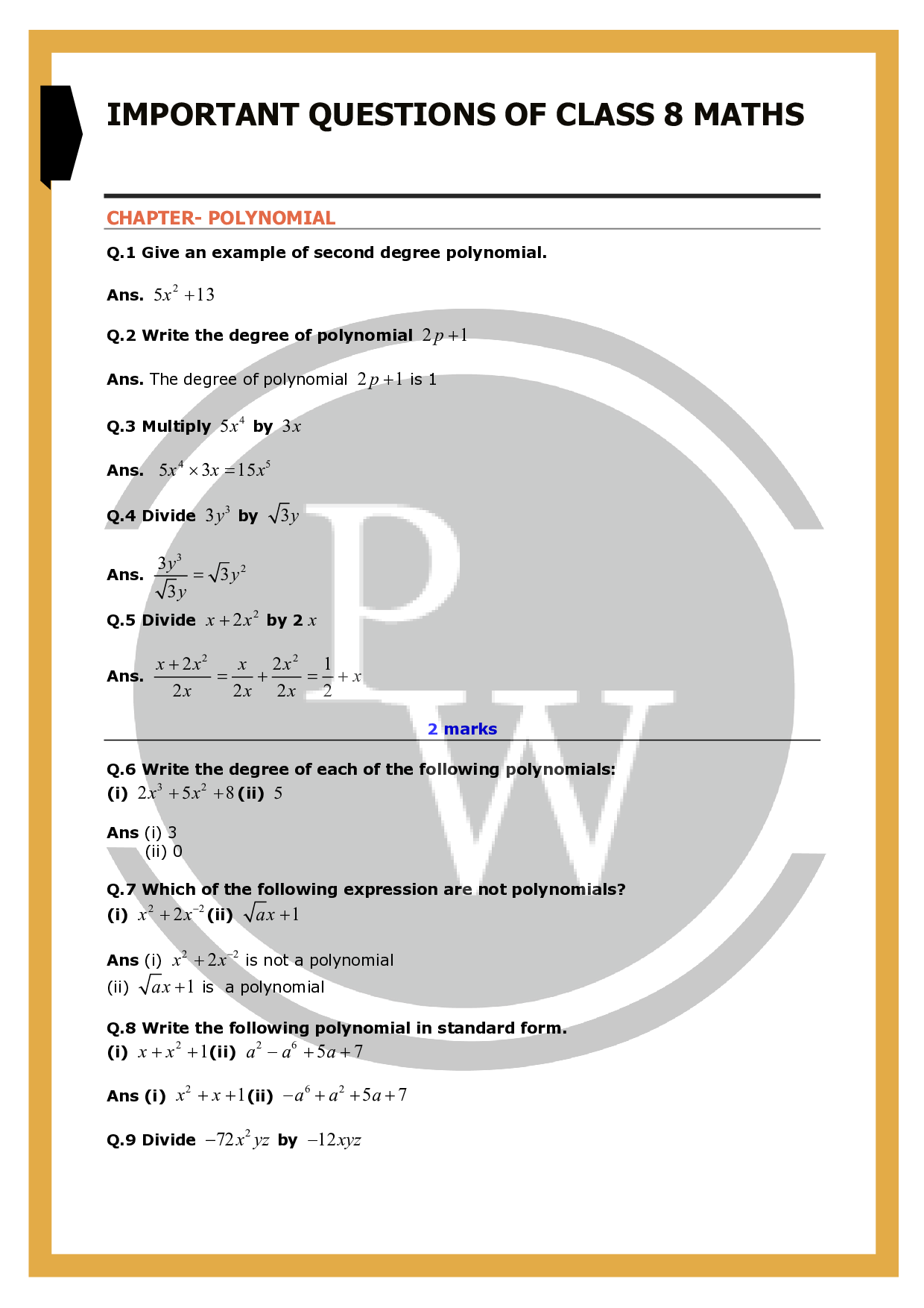 Important Questions for class 8 Maths chapter 14 Factorisation free Pdf