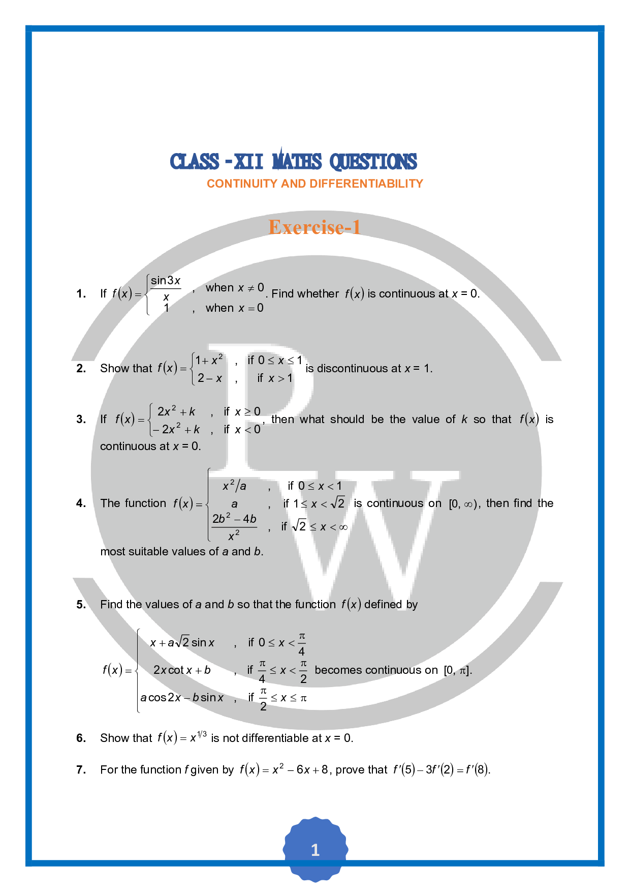 Question on Continuity and DifferentiabilityPhysics Wallah