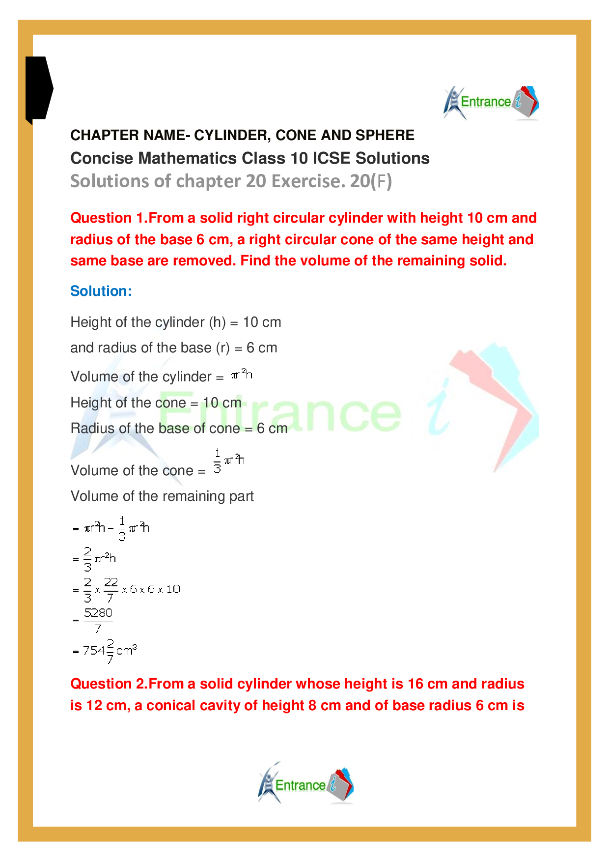 ICSE Class 10 Maths Exercise20F Cylinder, Cone and Sphere
