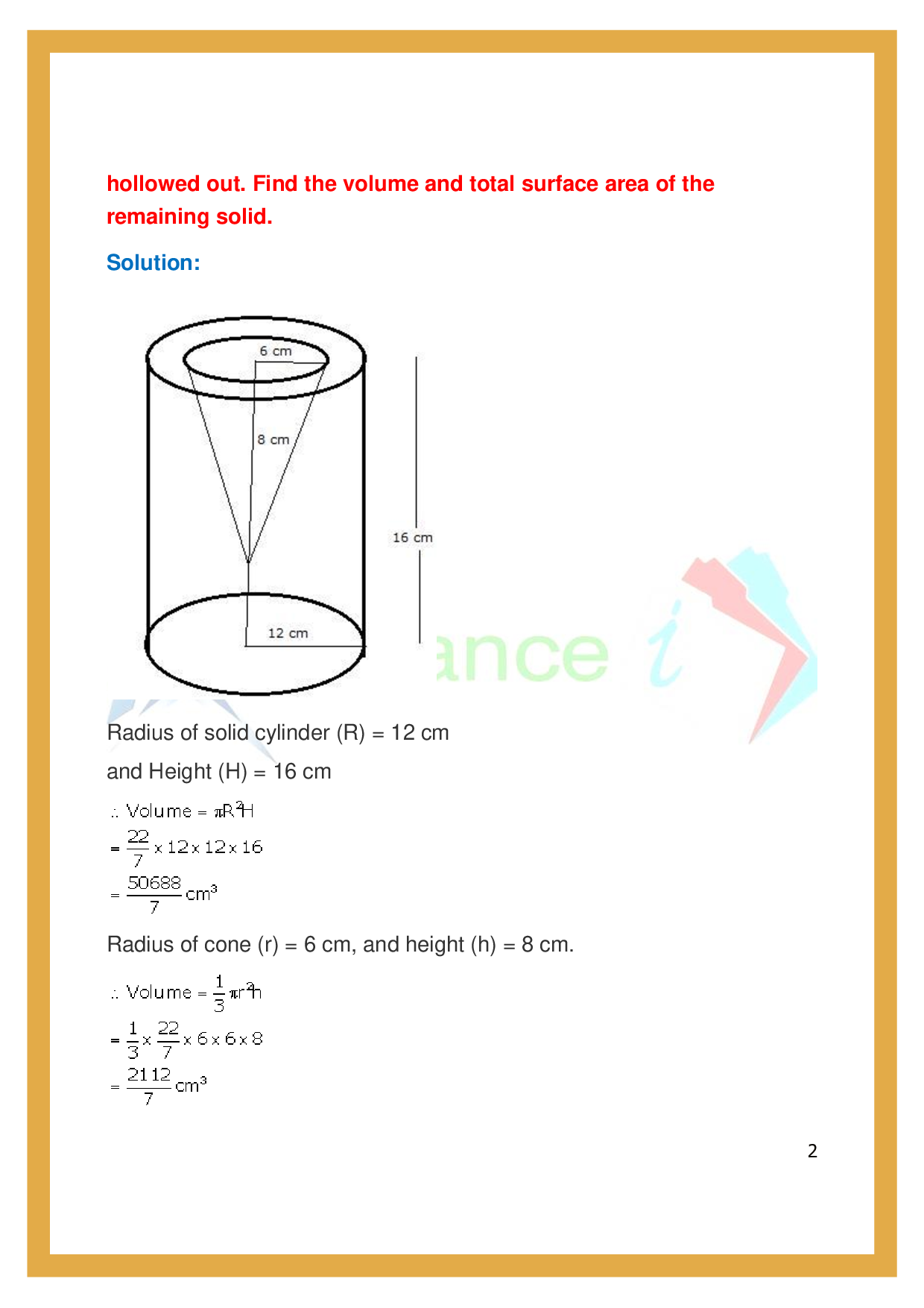 ICSE Class 10 Maths Exercise20F Cylinder, Cone and Sphere