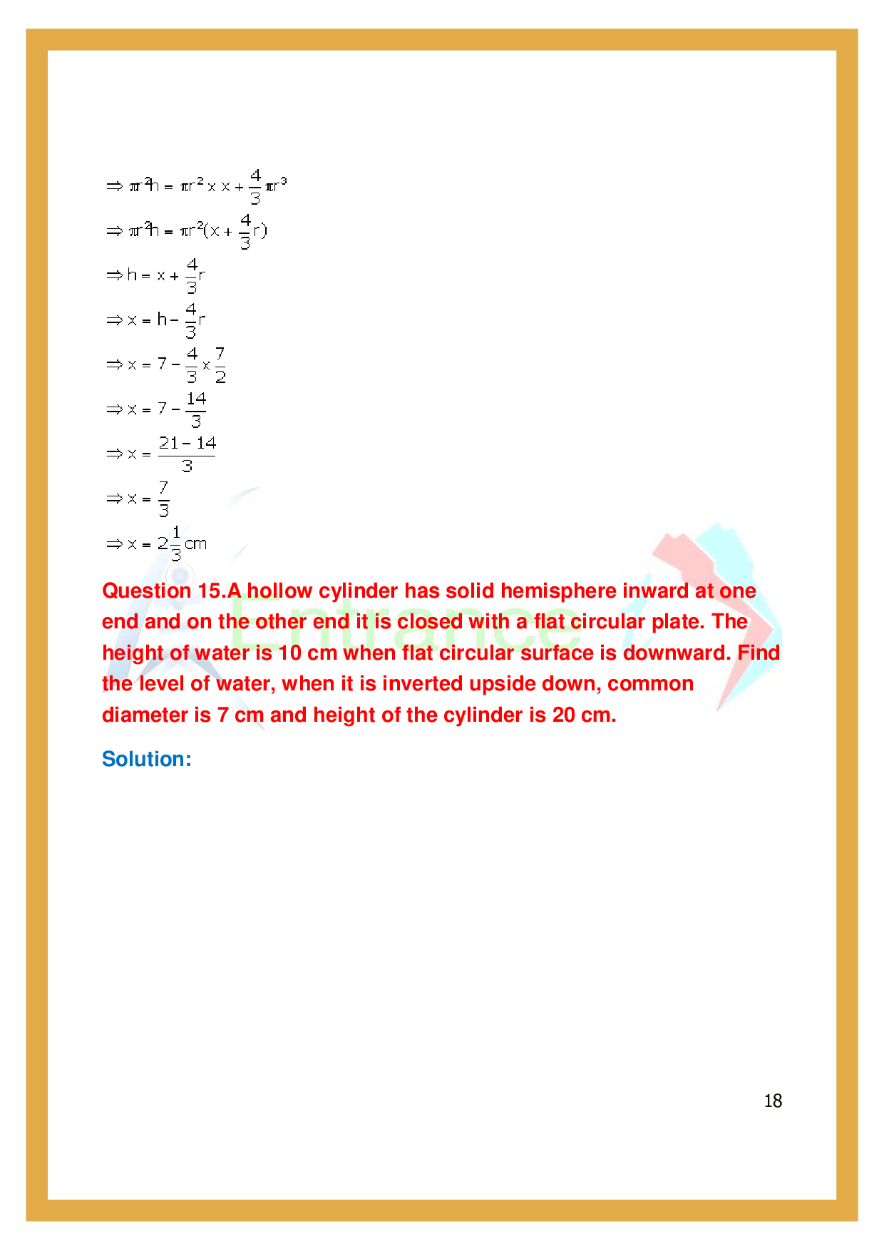 ICSE Class 10 Maths Exercise20F Cylinder, Cone and Sphere