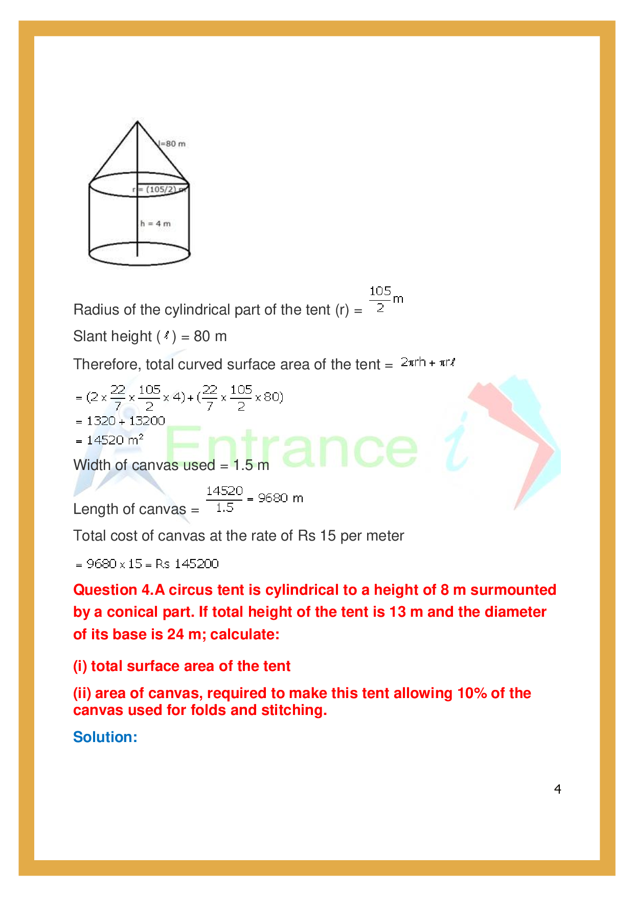ICSE Class 10 Maths Exercise20F Cylinder, Cone and Sphere