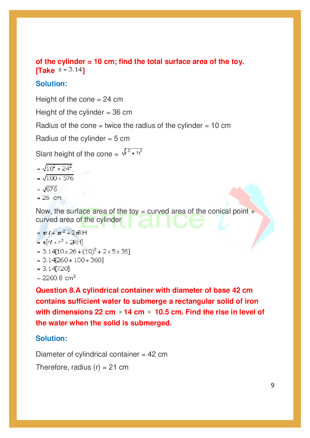 ICSE Class 10 Maths Exercise20F Cylinder, Cone and Sphere