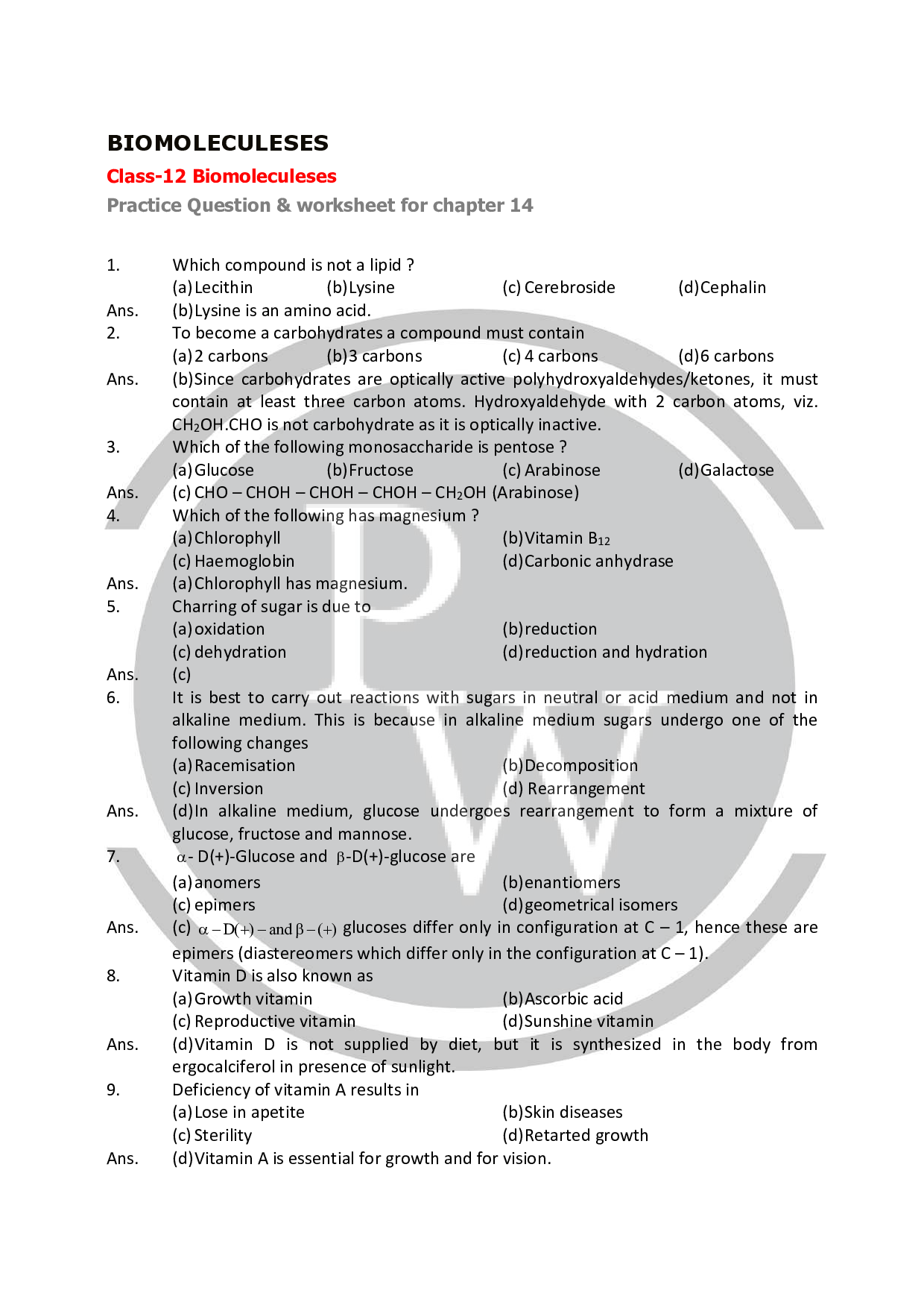Important questions for Class 12 Chemistry Chapter14 PW