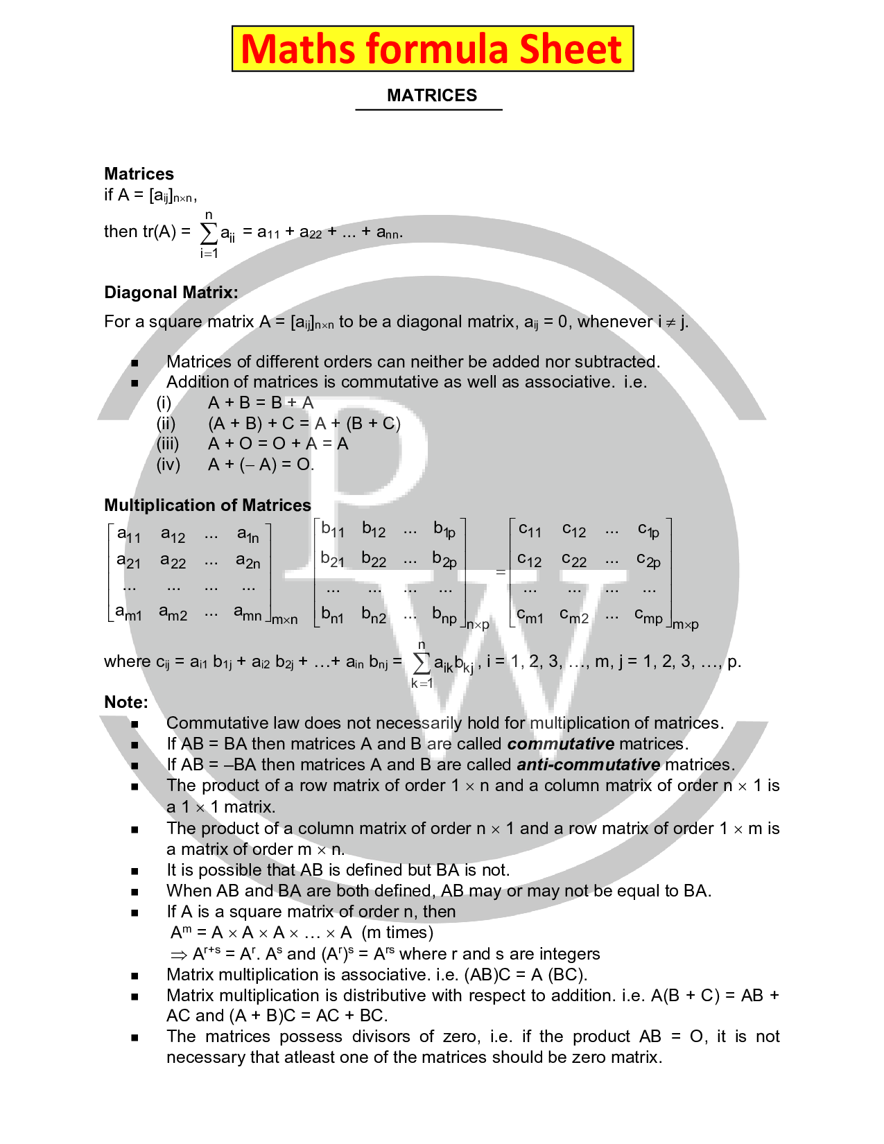 12th Maths Formula for chapter-3 Matrices