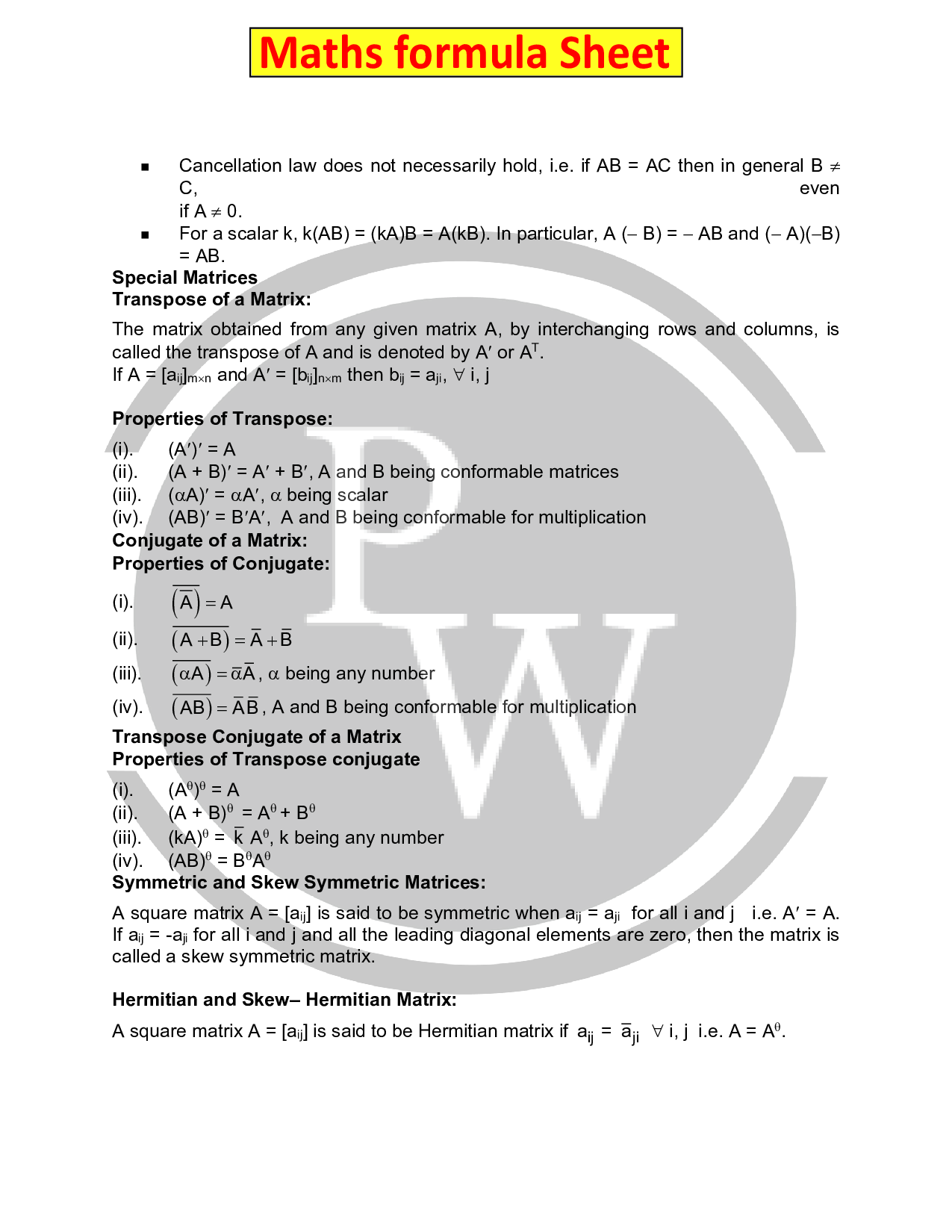 12th Maths Formula for chapter-3 Matrices