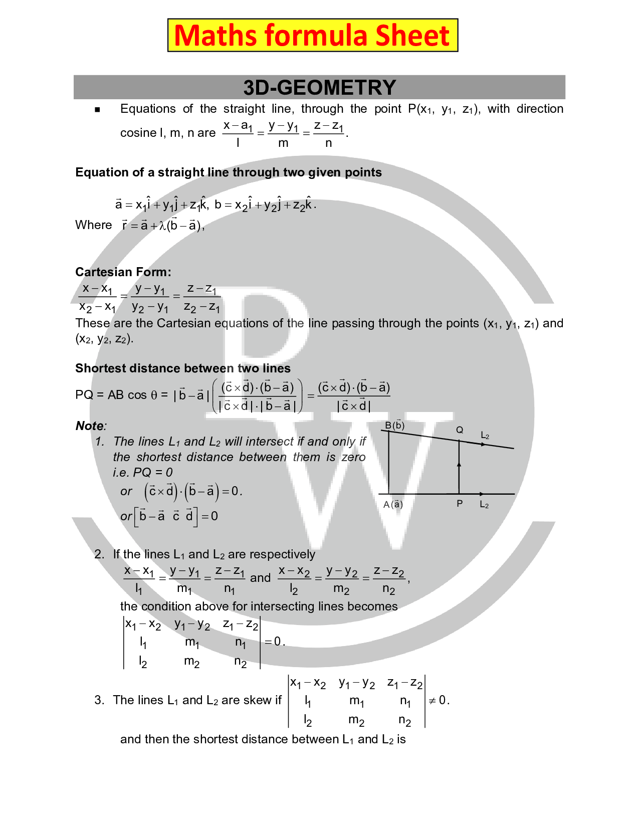 Maths Formula Three Dimensional Geometry