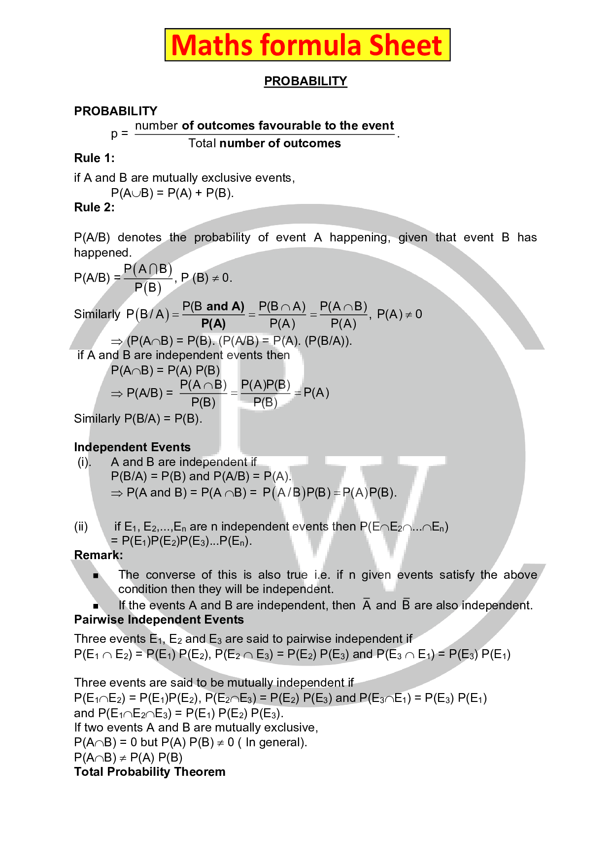 Chapter- Probability Class 11 maths formula