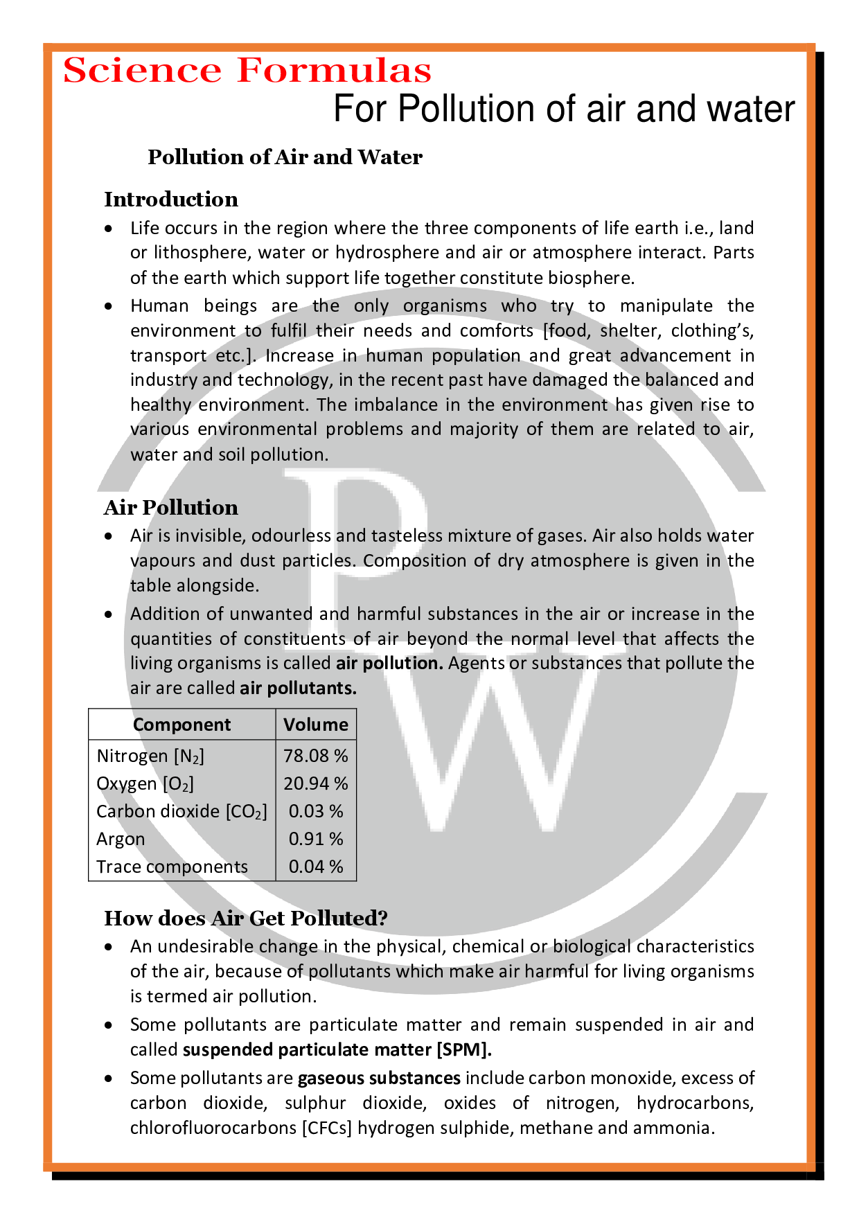 Short Notes and Formulas Pollution of Air & Water