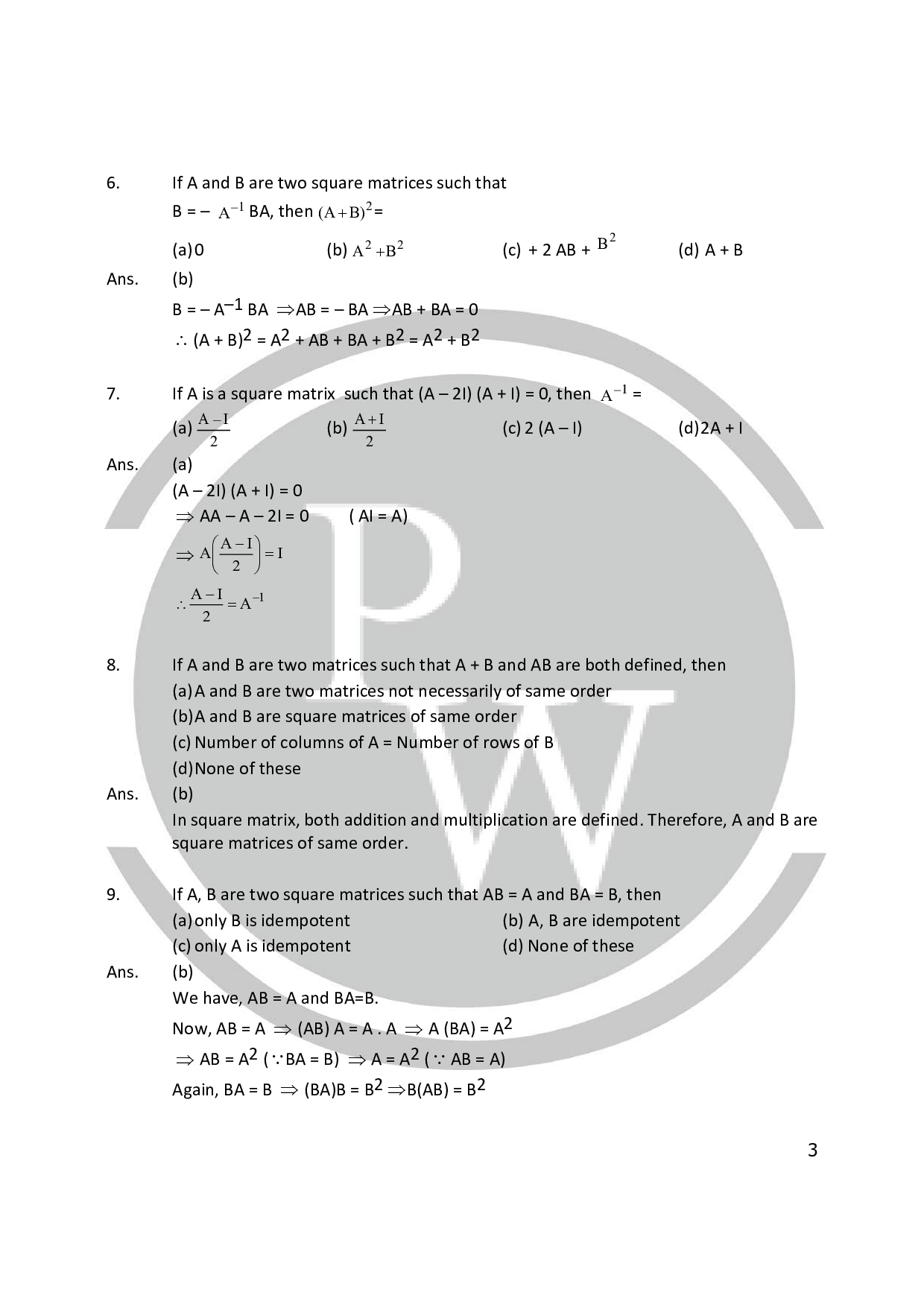 Important Questions for Chapter3 Matrices Class 12 PW