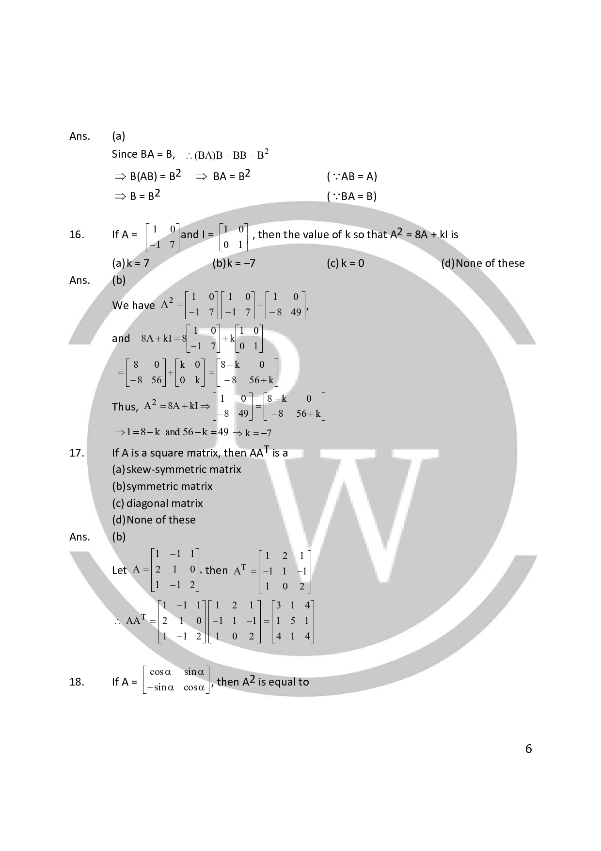 Important Questions for Chapter3 Matrices Class 12 PW