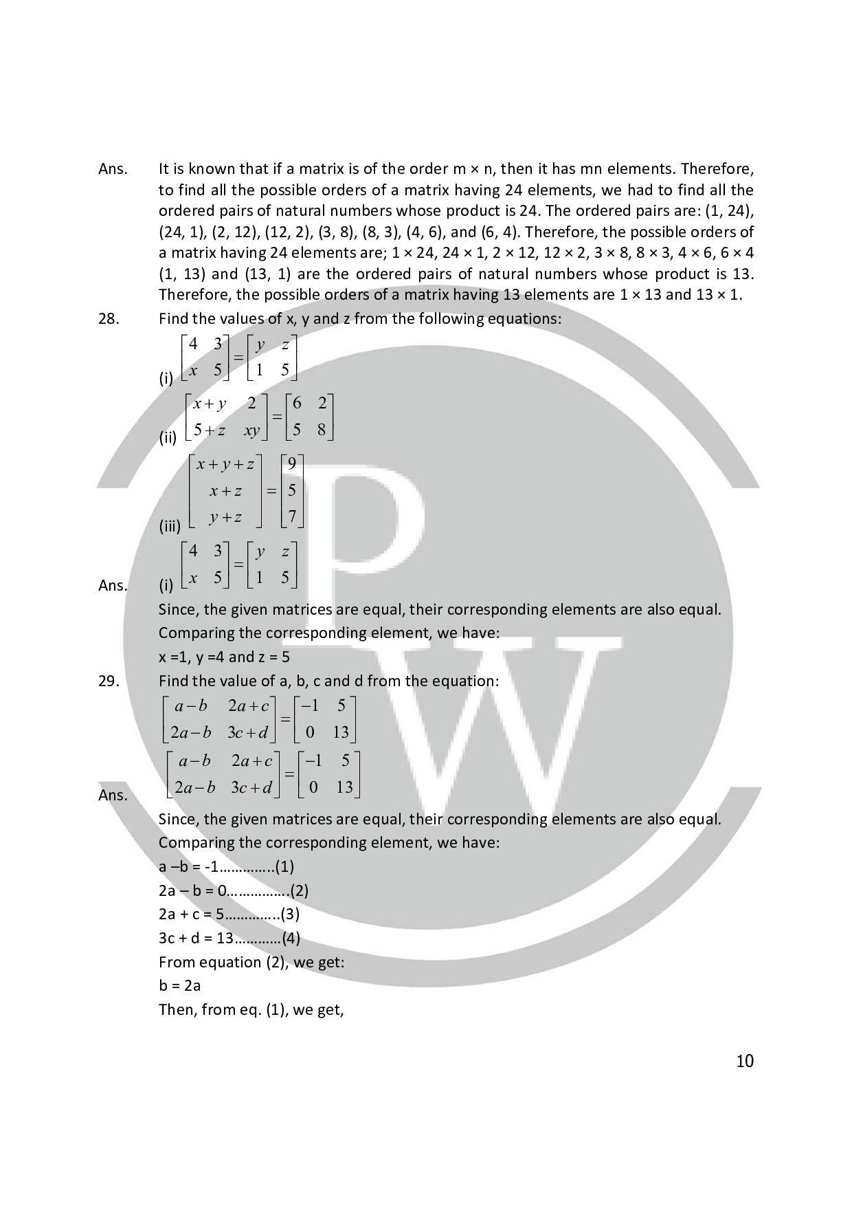 Important Questions for Chapter3 Matrices Class 12 PW