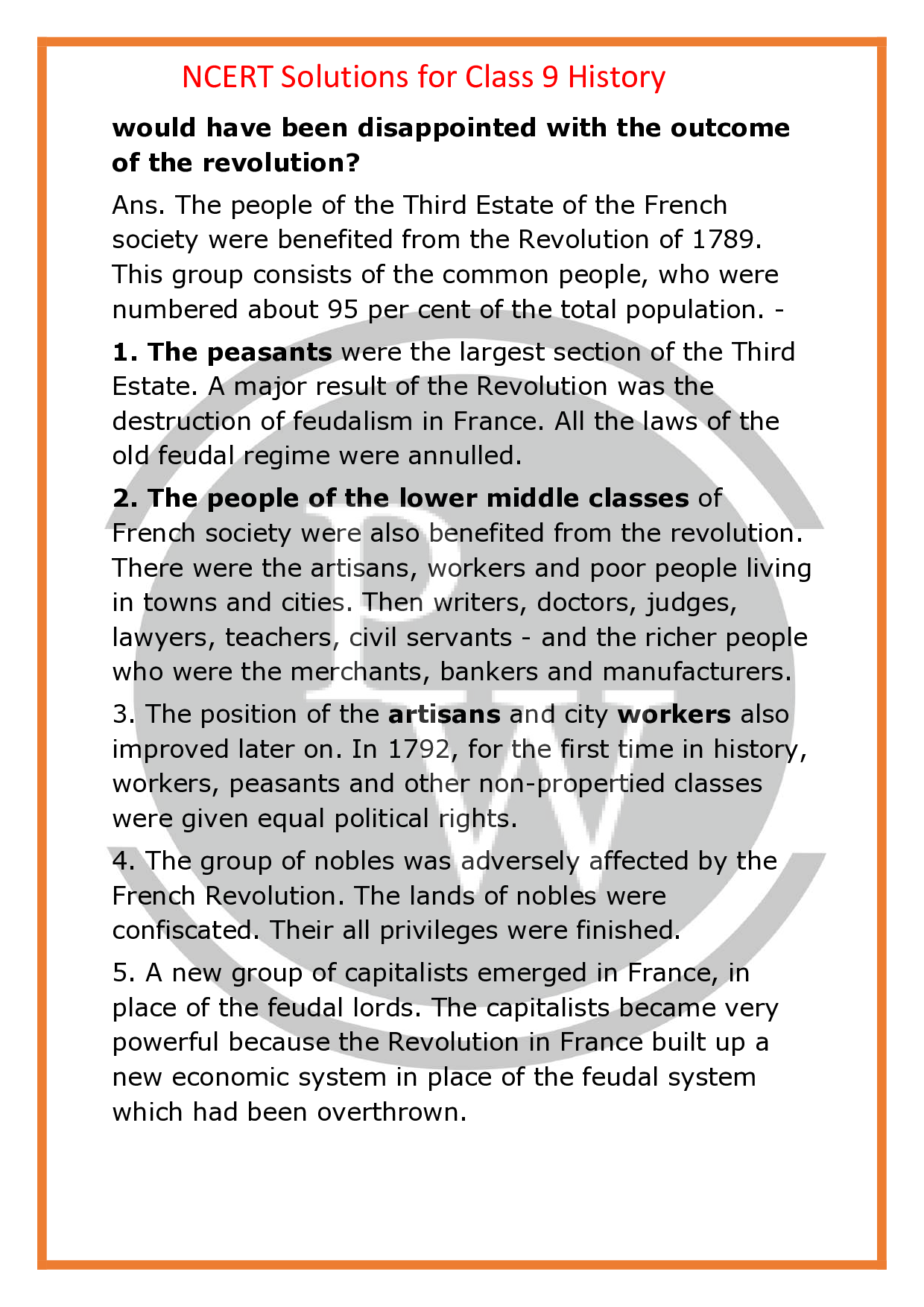 NCERT Solutions For Class 9 History chapter1 The French Revolution PW