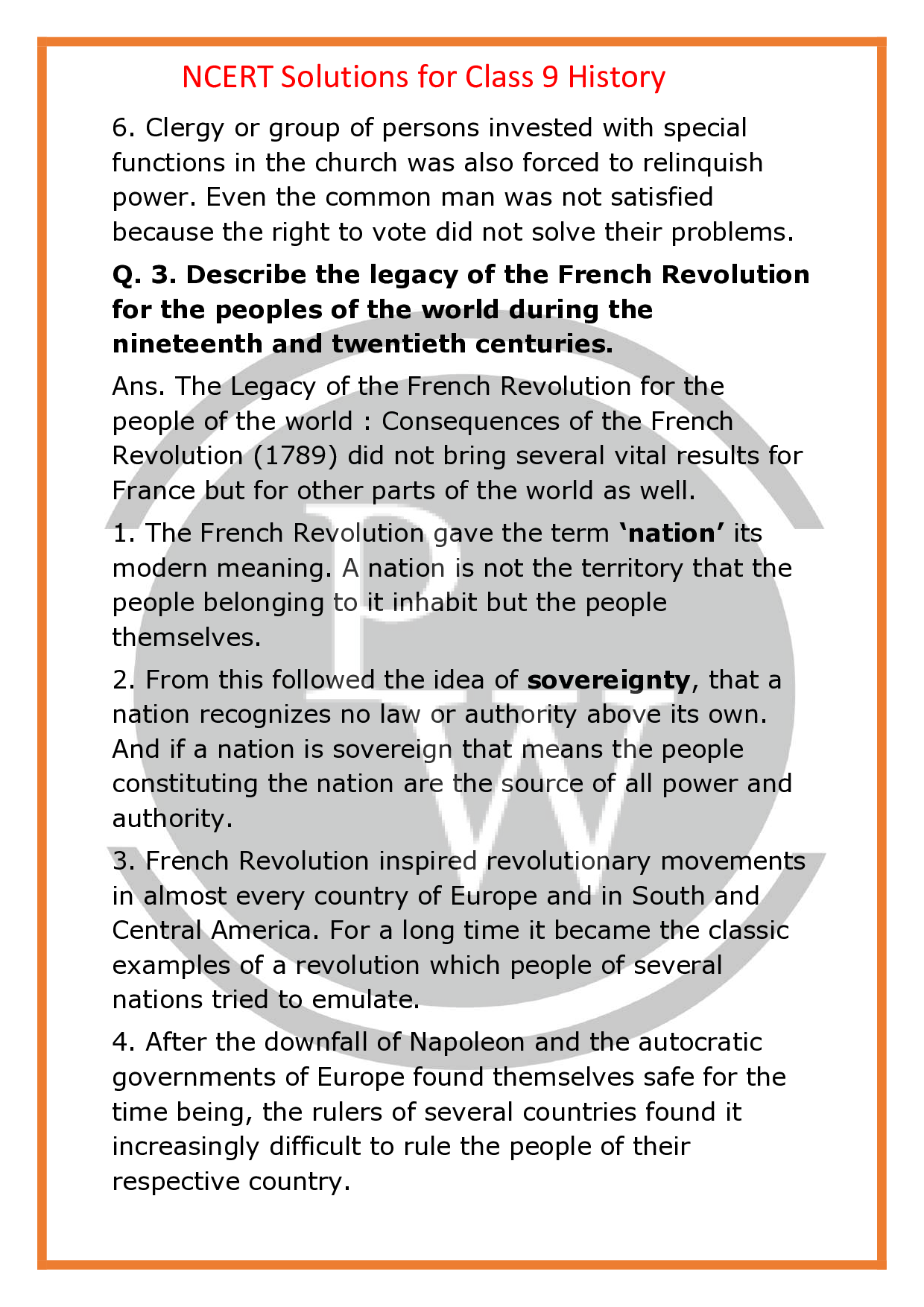 NCERT Solutions For Class 9 History chapter1 The French Revolution PW