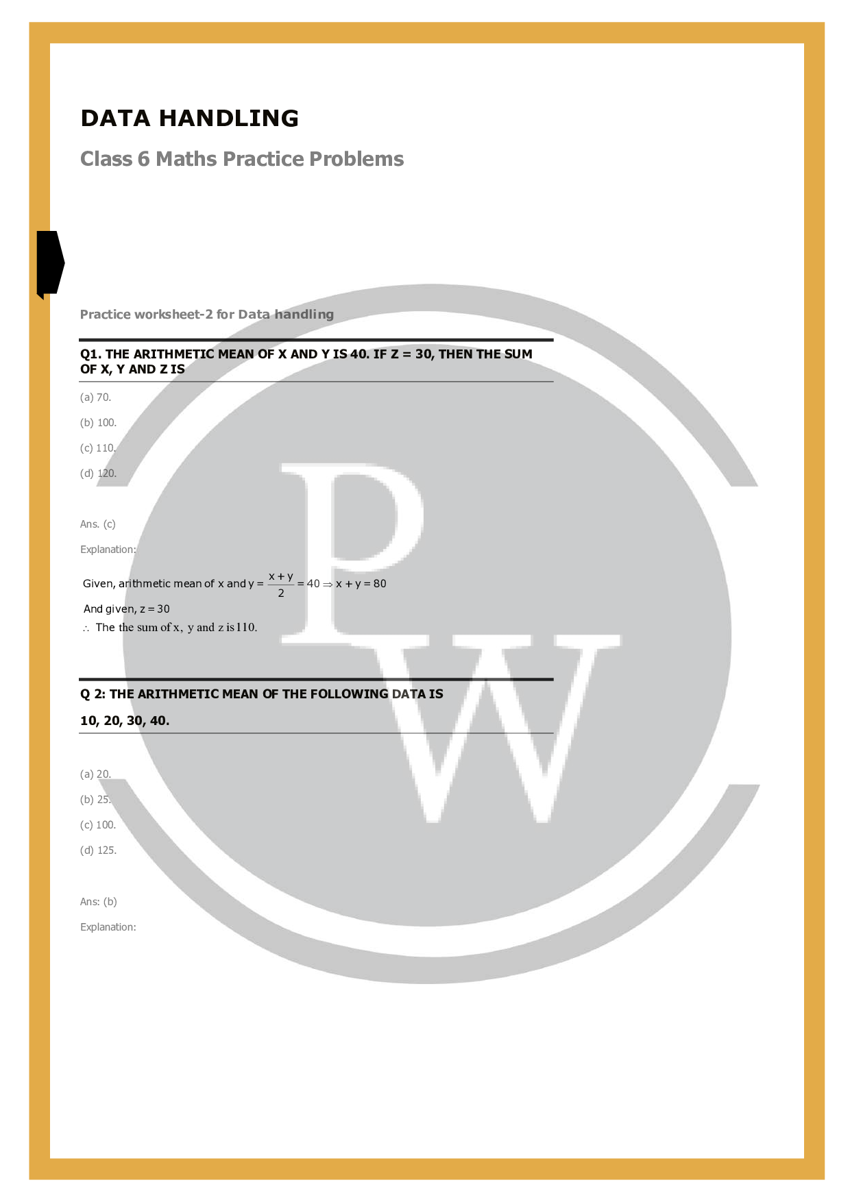 Class 6 maths chapter-9 Data Handling | Worksheet-2 | PW