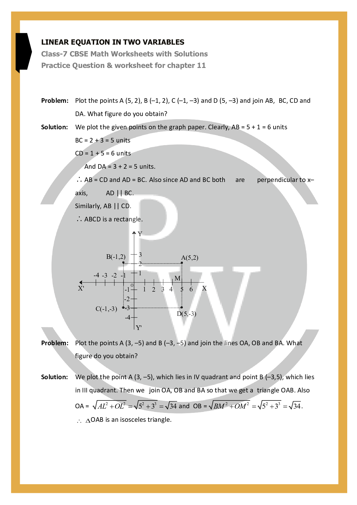 Chapter-10-Linear Equation in two Variable Worksheet Class 7 maths | PW