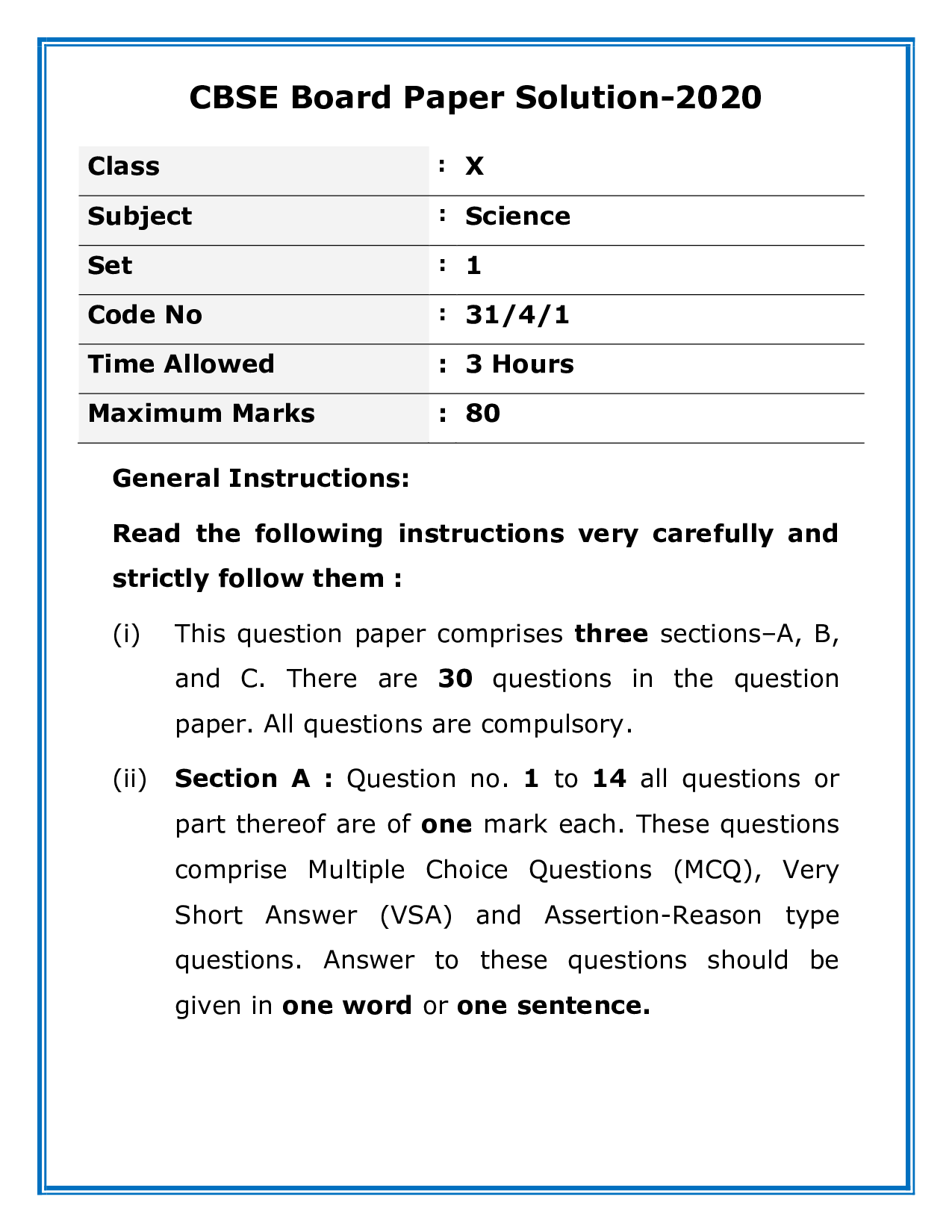 CBSE Previous Year Question Papers Class 10 Science Yr. 2020 Download