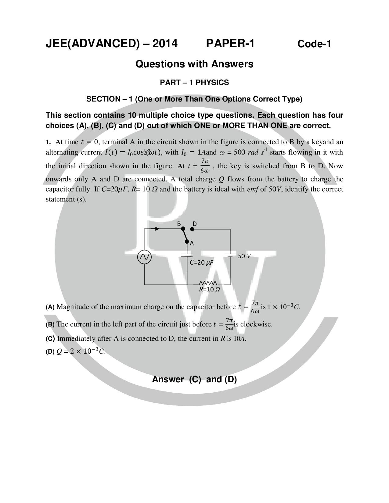 JEE Advance Question paper 2014 Paper1 With Answer Key PW