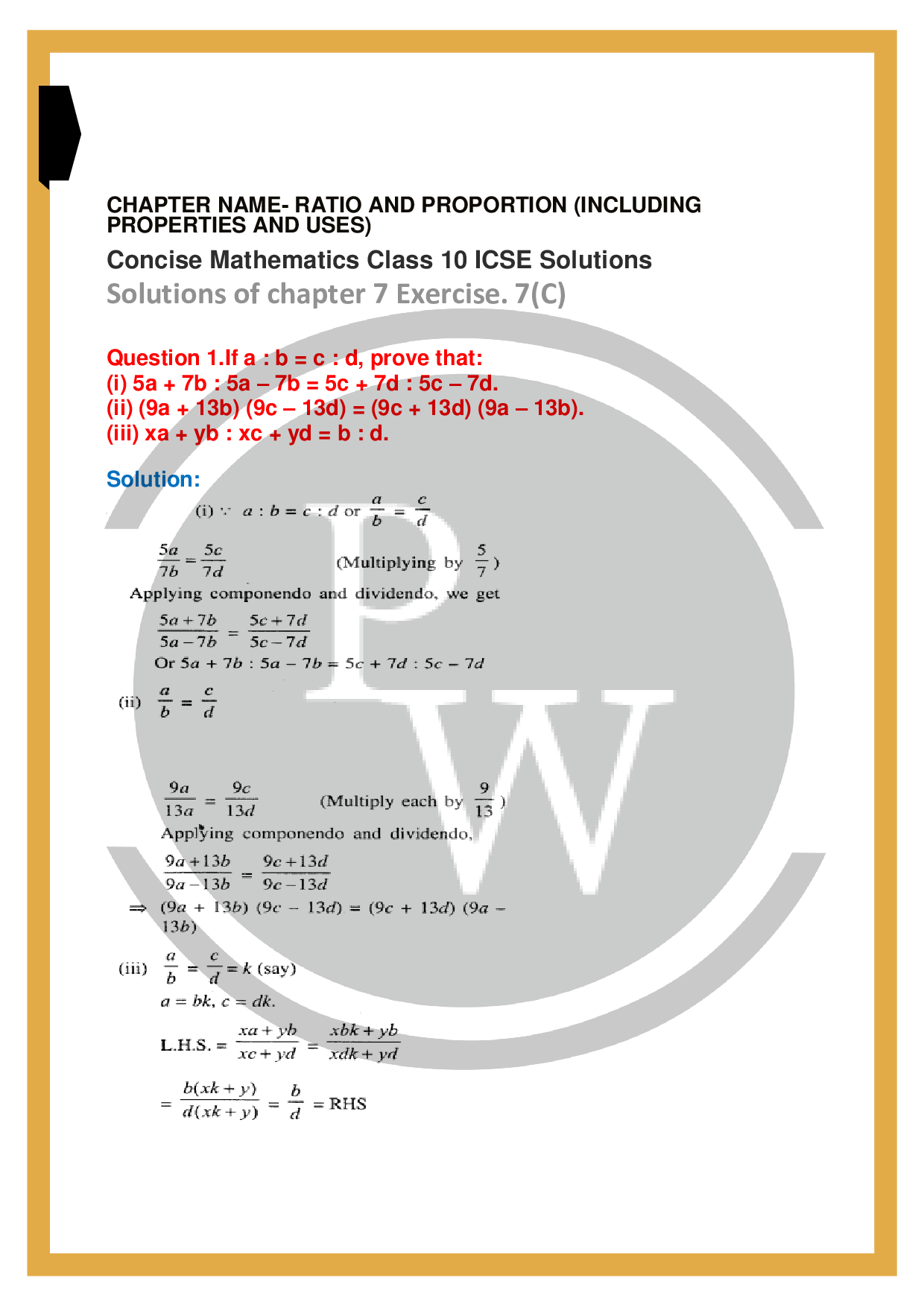 ICSE Class 10 Maths Exercise-7C Ratio and Proportion