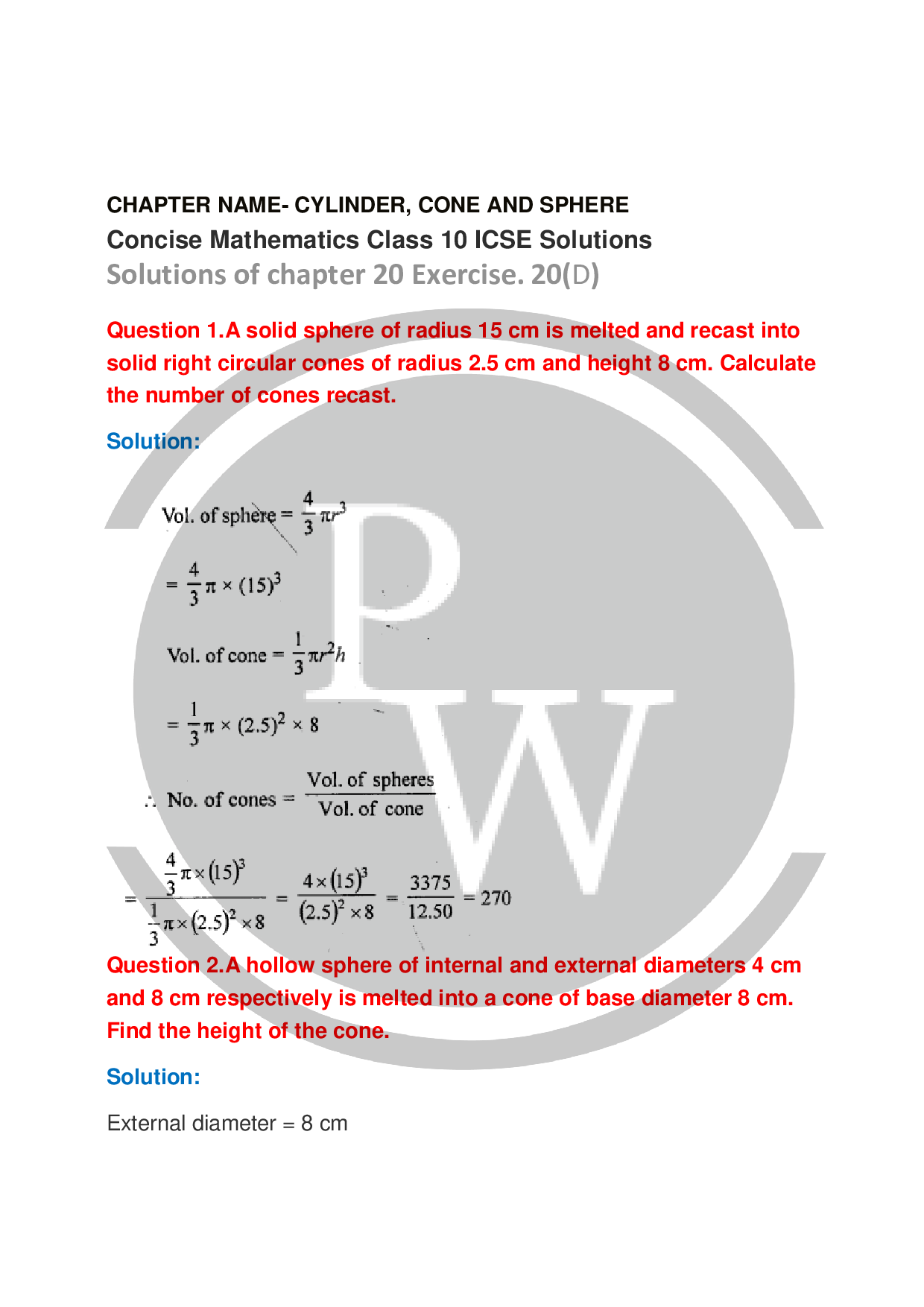 ICSE Class 10 Maths Exercise20D Cylinder, Cone and Sphere
