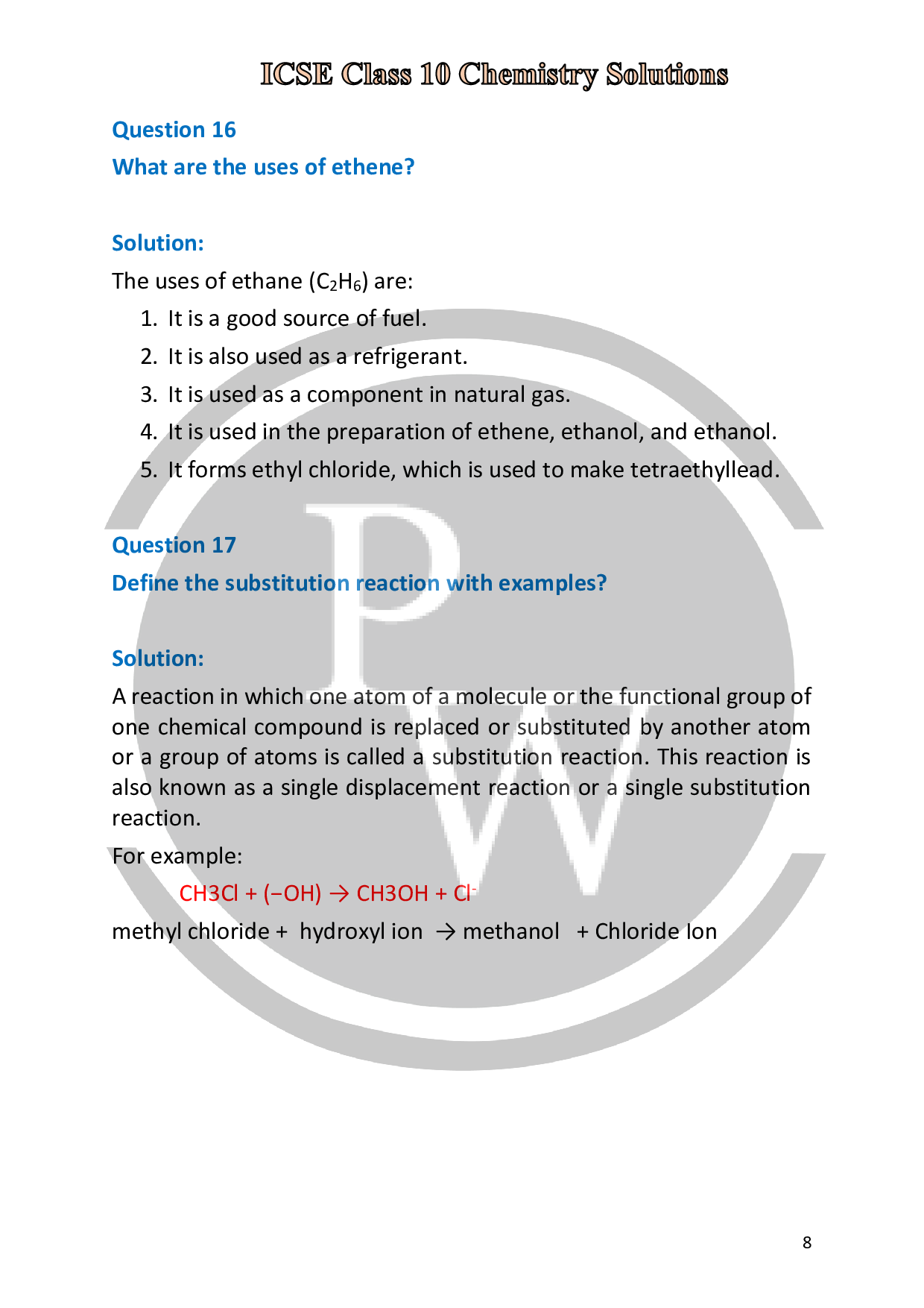 ICSE Class 10 Chemistry Solutions for Chapter 12 Organic Chemistry | PW