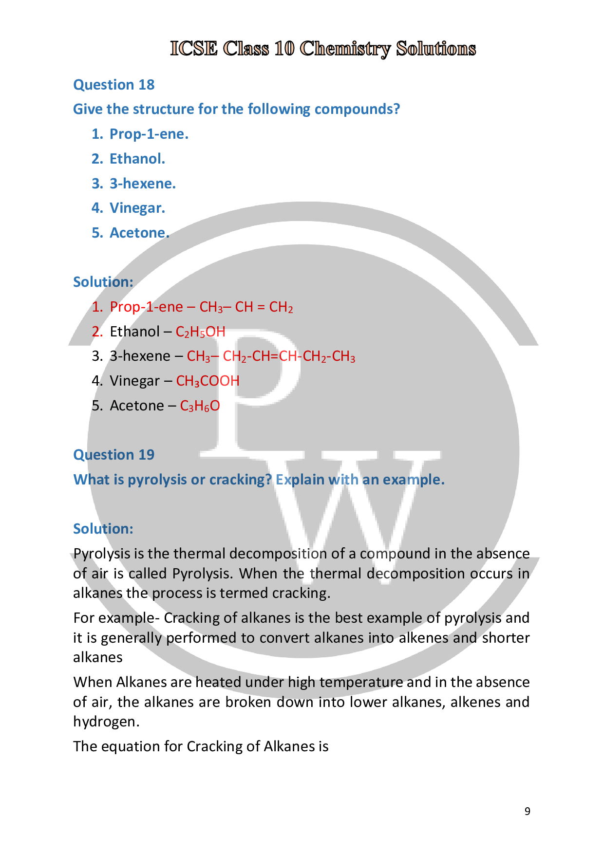 ICSE Class 10 Chemistry Solutions for Chapter 12 Organic Chemistry | PW