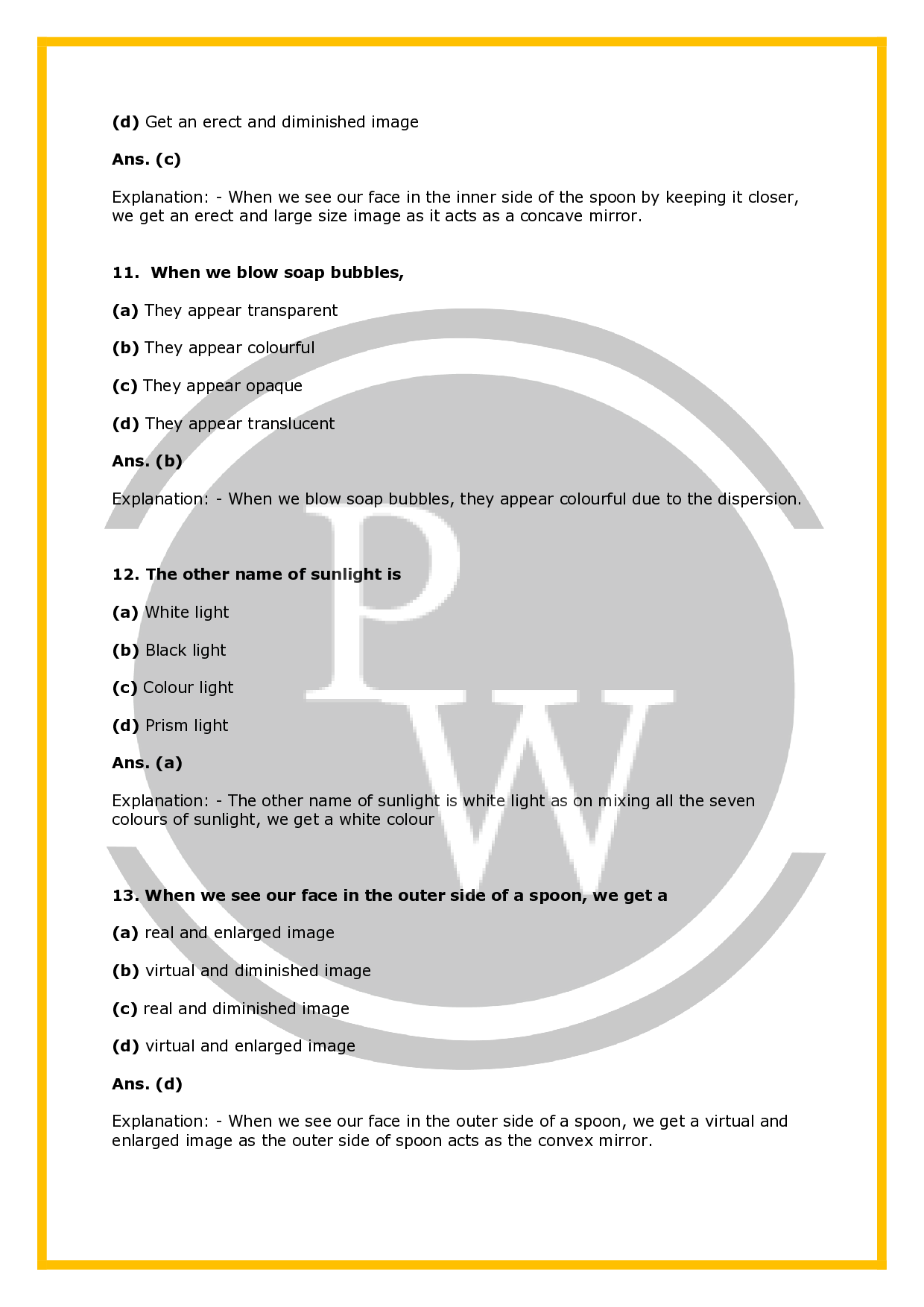 Class 7 Science Worksheet with Detail Solutions for Chapter-16 Light | PW