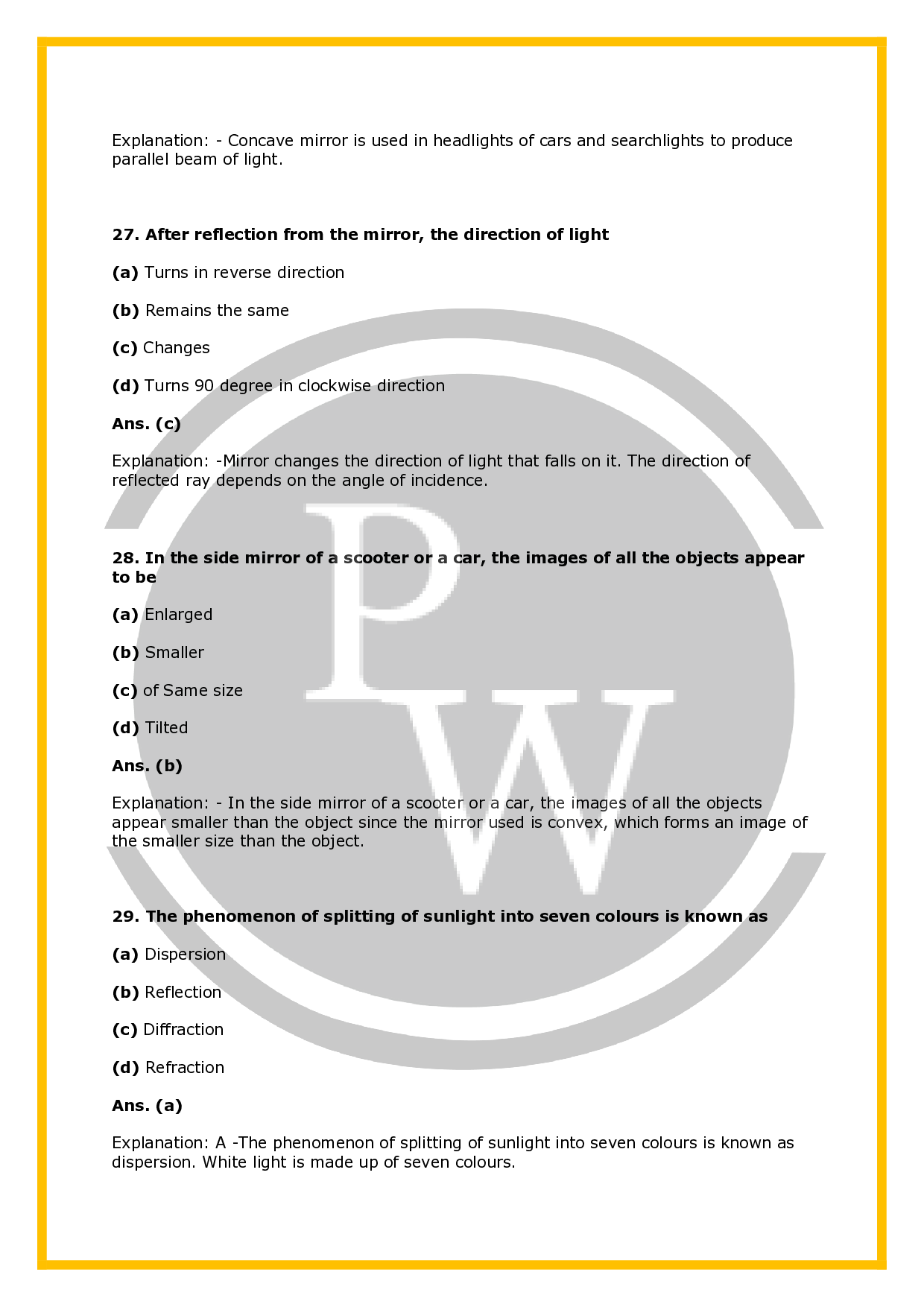 Class 7 Science Worksheet with Detail Solutions for Chapter16 Light PW