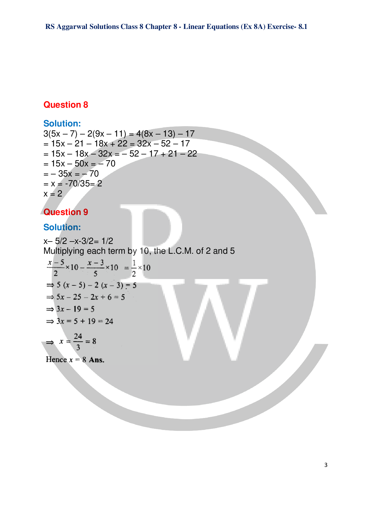 Exercise8A of RS Aggarwal Class 8 Maths Solutions