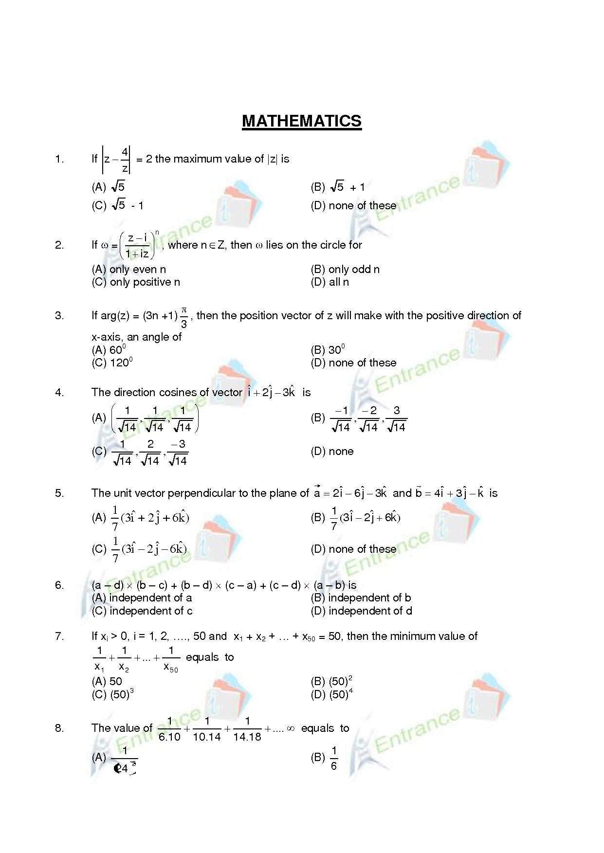 MCQ Questions on Mathematics Sample Paper-1 For UPSEE